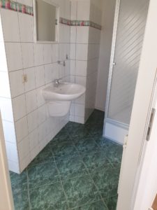 Bad mit Wand- und Fußbodenfliesen, Waschbecken sowie Dusche vorhanden. Weiße Wandfliesen und grüne Fußbodenfliesen