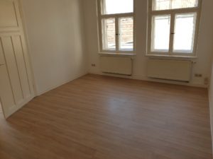2 große Fenster, brauner PVC-Belag, weiße Wände, Innenholztür