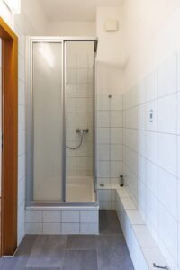 graue Fußbodenfliesen, weiße Wandfliesen, Dusche, weiße Decke, braune Holztür