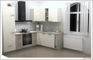 Musterfoto: Küche mit hellen Fronten und grauer Arbeitsplatte, schwarzem Dunstabzug, Herd, Gegenstände auf Küchenarbeitsplatte, weißes Fenster, weißer Heizkörper darunter, weiße Gardinen, grauer Designplanken-Boden, weiße Wände