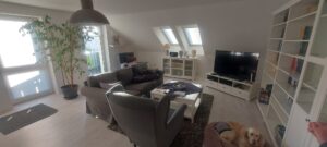 Wohnzimmer mit weißen Wänden und holzfarbenen Fußboden