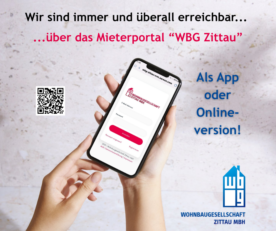 2 Hände haben ein Handy in der Hand und zeigen das Mieterportal 