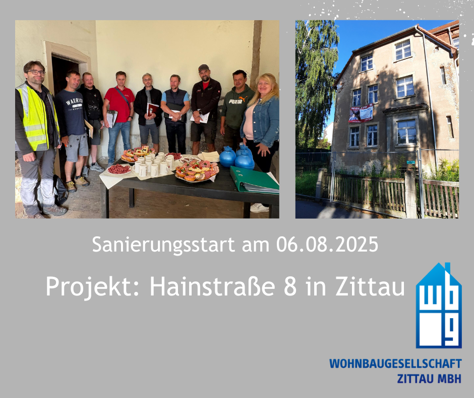 Zusehen ist eine Collage mit dunkelgrauen Hintergrund und 2 Bildern. Das eine Bild ist ein Gruppenfoto mit Vertretern verschiedener Baufirmen und das andere Foto zeigt den Altbau Hainstraße 8 in Zittau
