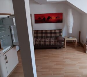 Zimmer mit braunem Laminatboden, weißen Wänden, Dachschräge, Couch, Lampe, Bild