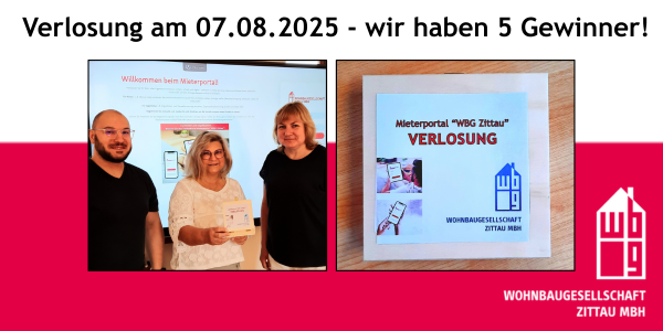 Zusehen sind 2 Bilder auf einen rot-weißen Untergrund. Es ist eine Losbox zusehen. Auf dem anderen Foto sind zwei Damen und ein Herr mit der Losbox.