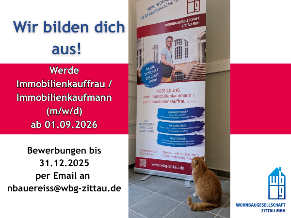 Dekoratives Bild mit einem rot-weißen Hintergrund und einem Foto mit einer sitzenden Katze vor dem Ausbildungsrollup der WBG Zittau. Es steht der Text 