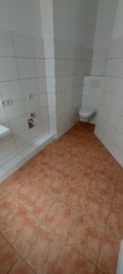 weißer Wandfliesenspiegel, rötlichbraune Fußbodenfliesen, WC