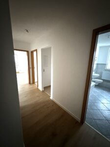 Flur mit kleinem Abstellraum, weiße Wände, braune Laminat