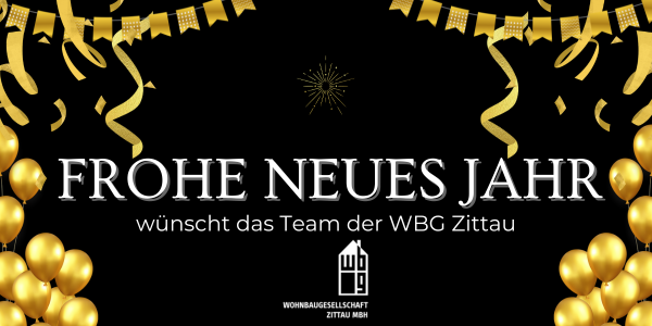 Dekorative Bild mit schwarzen Hintergrund und goldenen Ballons und Luftschlangen. Als Text steht 