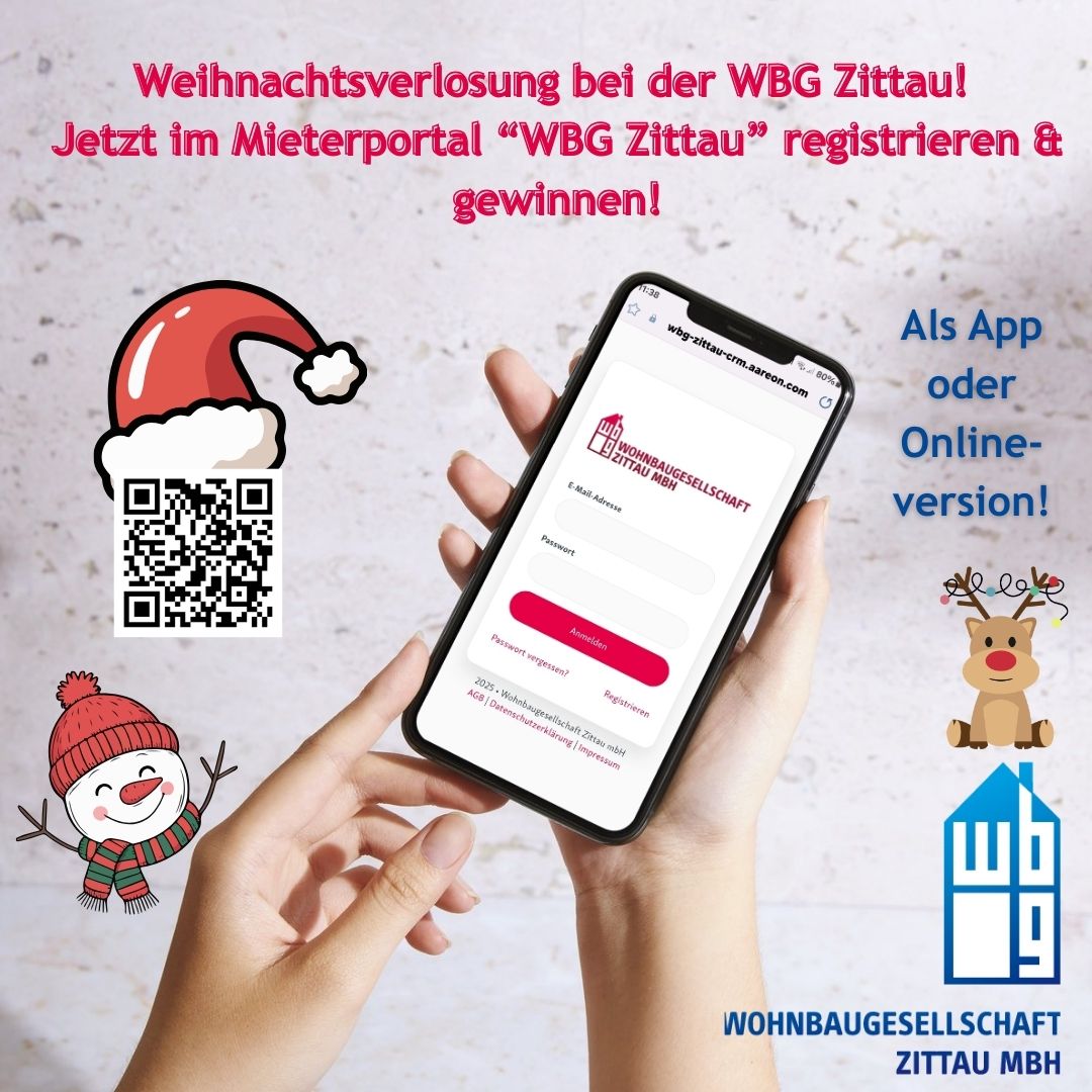 Dekoratives Bild mit 2 Händen die ein Handy in der Hand halten. Darauf zu sehen ist das Anmeldefenster des Mieterportals der WBG Zittau und der Text 