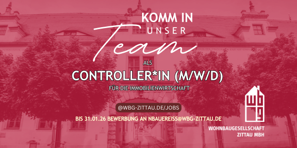 Dekoratives Bild wo das Firmengebäude der WBG Zittau im Hintergrund zu sehen ist, das Logo der WBG Zittau und der Schriftzug 