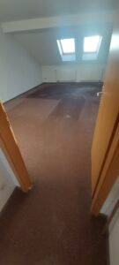 brauner Teppichfußboden, weiße Wände, Dachschräge, 2 Holzdachflächenfenster, braune Tür