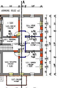 Grundriss von einer 3-Raum-Wohnung. Die Wohnung ist 90,62 qm groß und verfügt ein Wohnzimmer mit Balkon, Schlafzimmer, Küche, Bad und Kinderzimmer/ Büro.
