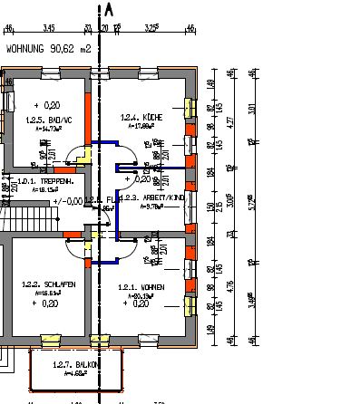 Grundriss von einer 3-Raum-Wohnung. Die Wohnung ist 90,62 qm groß und verfügt ein Wohnzimmer mit Balkon, Schlafzimmer, Küche, Bad und Kinderzimmer/ Büro.
