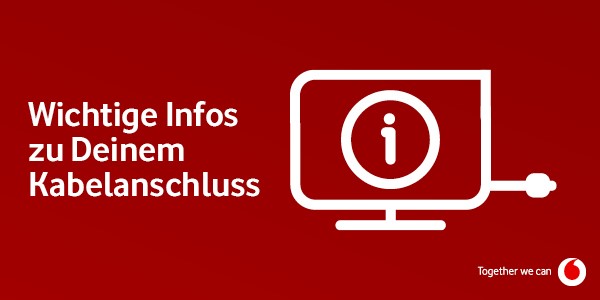 Dekoratives Bild mit rotem Hintergrund, dem Vodafonelogo, einem weißen TV Symbolbild und der Schrift Wichtige Infos zu deinem Kabelanschluss